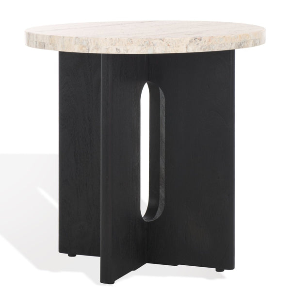 Safavieh SHAYNA Modern Accent Table with Round Natural Stone Top and Sculptural Black Wood Base Design Travertine / Black SFV9722A