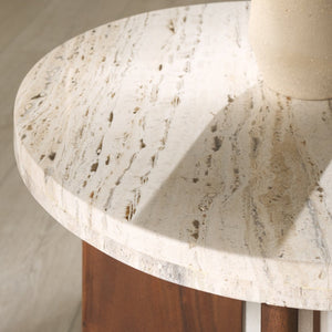 Safavieh SHAYNA Modern Accent Table with Round Natural Stone Top and Sculptural Black Wood Base Design Travertine / Brown SFV9722B