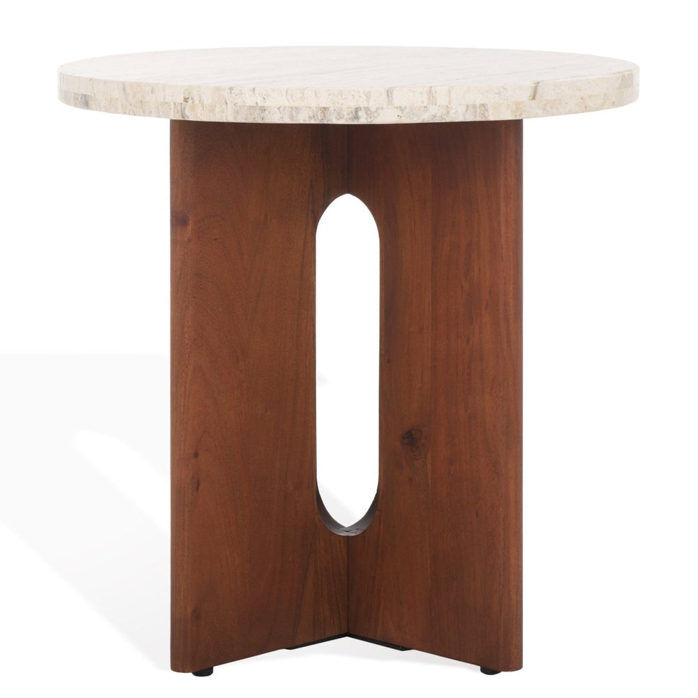 Safavieh SHAYNA Modern Accent Table with Round Natural Stone Top and Sculptural Black Wood Base Design Travertine / Brown SFV9722B