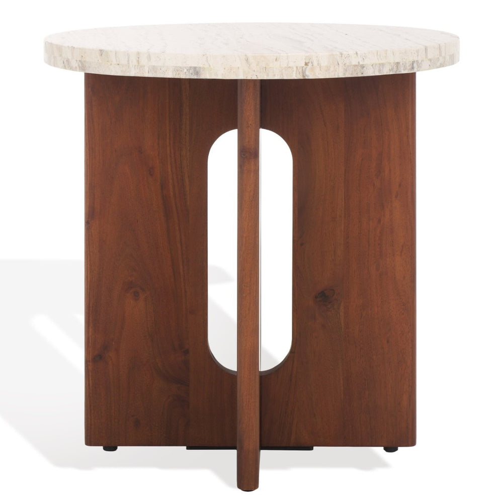 Safavieh SHAYNA Modern Accent Table with Round Natural Stone Top and Sculptural Black Wood Base Design Travertine / Brown SFV9722B