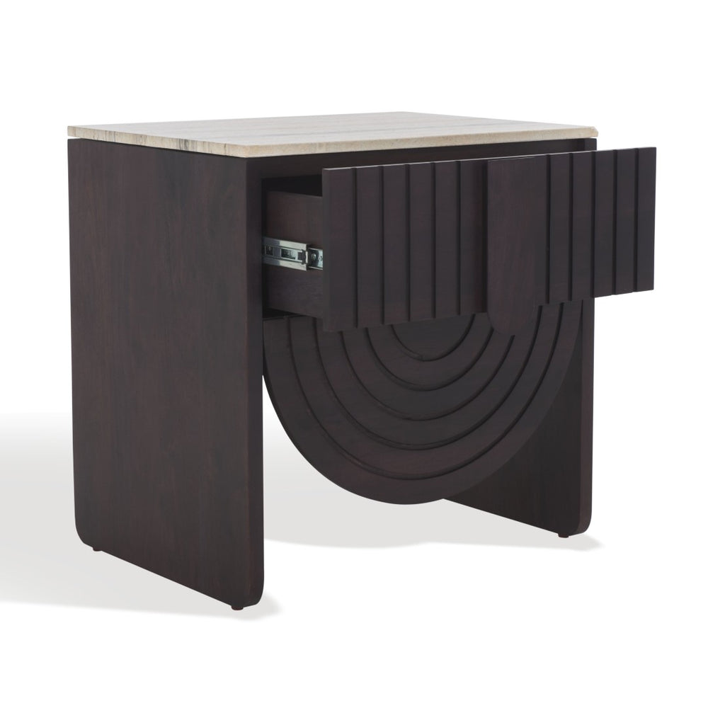 Safavieh FLORIS Travertine Top Nightstand - Elegant Black Acacia & Iron Design, Timeless Bedroom Accent Piece SFV9726A
