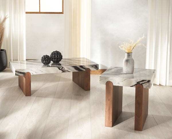 Safavieh Ellebeth Marble Top Accent Table - Elegant Acacia Wood Design With Stunning Marble Surface & Iron Base Hazel ,Walnut Marble  ,Wood Sfv9736a-2bx