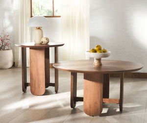Safavieh RAYBELINA Round Wood Accent Table - Elegant Walnut Finish, Durable Acacia Top & Iron Base Design SFV9741A