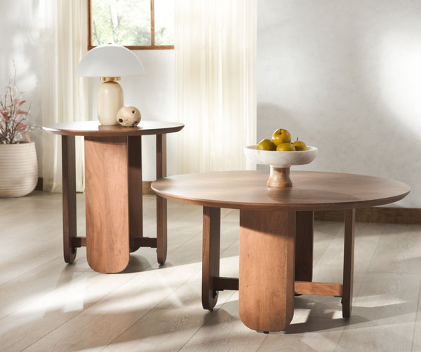 Safavieh RAYBELINA Round Wood Accent Table - Elegant Walnut Finish, Durable Acacia Top & Iron Base Design SFV9741A