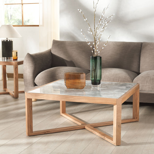 Safavieh Bernardi Marble Top Coffee Table - Luxurious Acacia Wood Design For Modern And Traditional Homes Natural ,White Wood ,Marble Sfv9744a-2bx