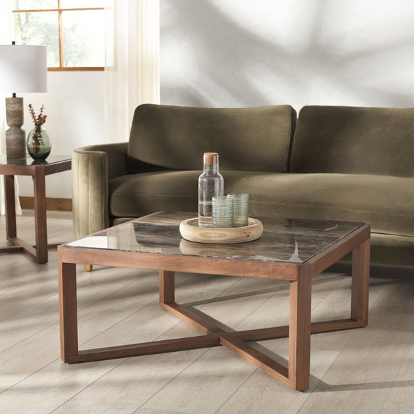 Safavieh Bernardi Marble Top Coffee Table - Luxurious Acacia Wood Design For Modern And Traditional Homes Walnut ,Brown Wood ,Marble Sfv9744b-2bx