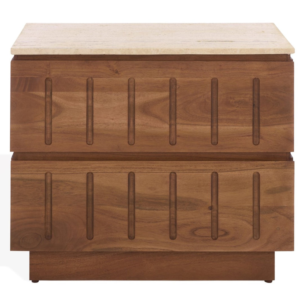 Safavieh KAYLISSA Nightstand with Travertine Top & 2 Drawers - Walnut Finish, Chic Storage for Modern Bedrooms SFV9757A