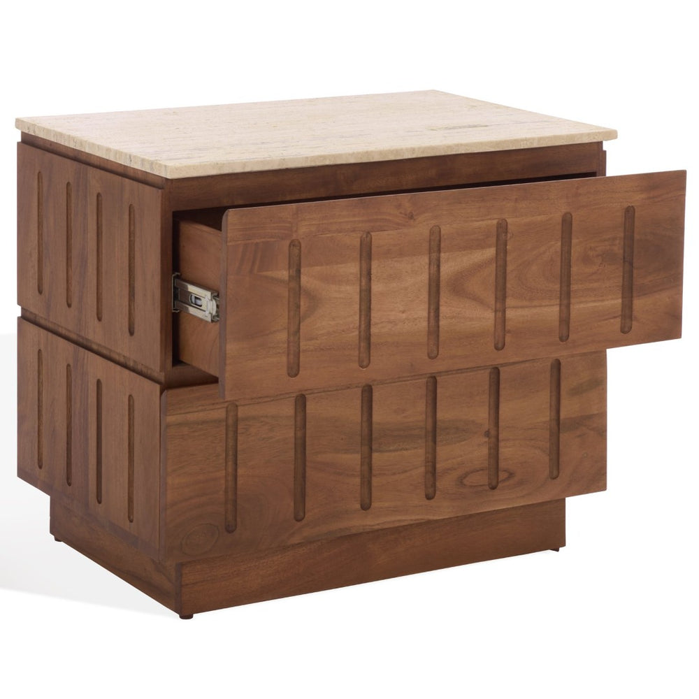 Safavieh KAYLISSA Nightstand with Travertine Top & 2 Drawers - Walnut Finish, Chic Storage for Modern Bedrooms SFV9757A