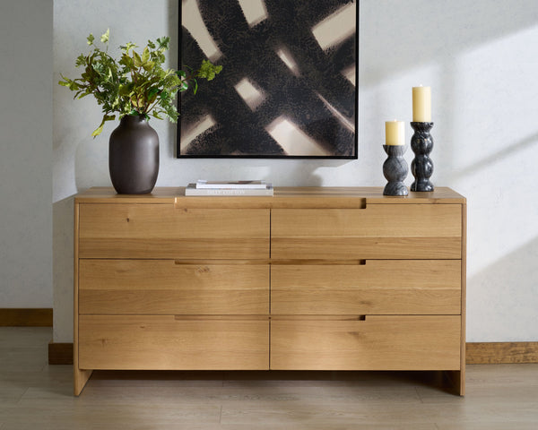 Riverside Oak Wood 6-Drawer Dresser — Spacious 59" Storage Chest With Smooth-Glide Drawers, Rustic Finish