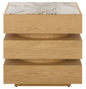 Shayrina Marble And Oak Accent Table With Solid Oak Base, Genuine Marble Top, Modern Side Table Elegance