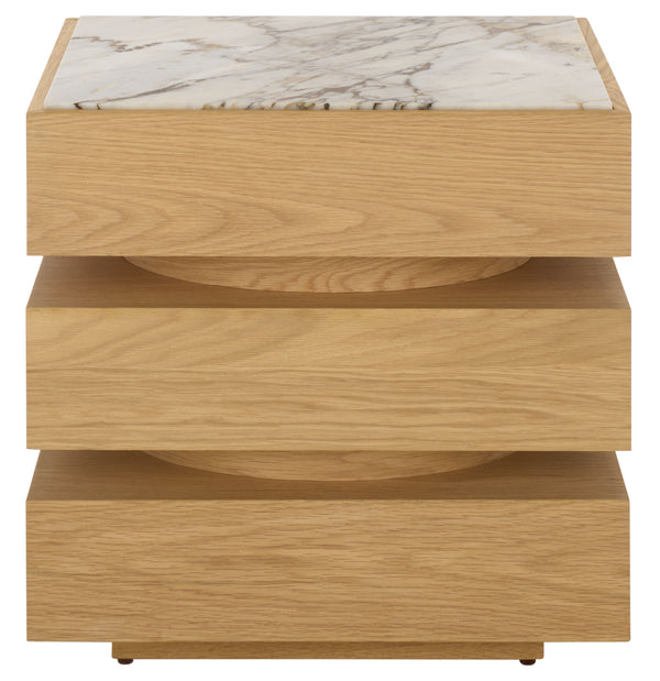 Shayrina Marble And Oak Accent Table With Solid Oak Base, Genuine Marble Top, Modern Side Table Elegance