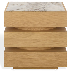 Shayrina Marble And Oak Accent Table With Solid Oak Base, Genuine Marble Top, Modern Side Table Elegance