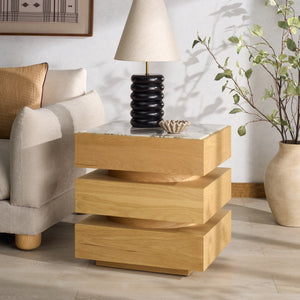Shayrina Marble And Oak Accent Table With Solid Oak Base, Genuine Marble Top, Modern Side Table Elegance