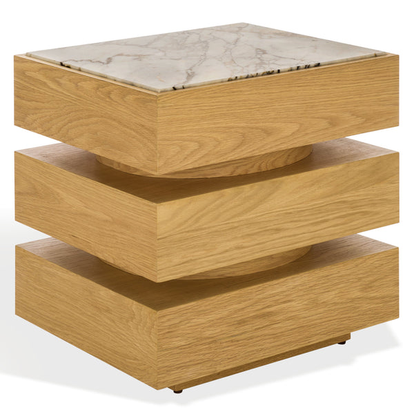 Shayrina Marble And Oak Accent Table With Solid Oak Base, Genuine Marble Top, Modern Side Table Elegance