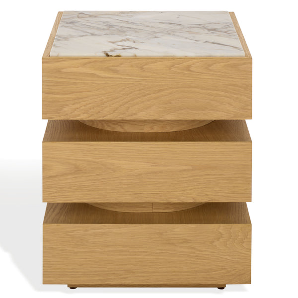 Shayrina Marble And Oak Accent Table With Solid Oak Base, Genuine Marble Top, Modern Side Table Elegance