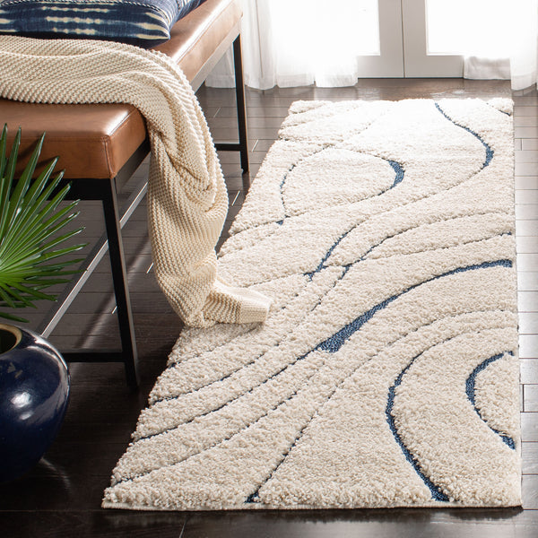 Safavieh Florida Plush Round Shag Rug – Abstract Flowing Lines, Deep Pile Comfort, Durable Power-Loomed Design 12'-0" x 12'-0" CREAM / BLUE SG471-1165-12R