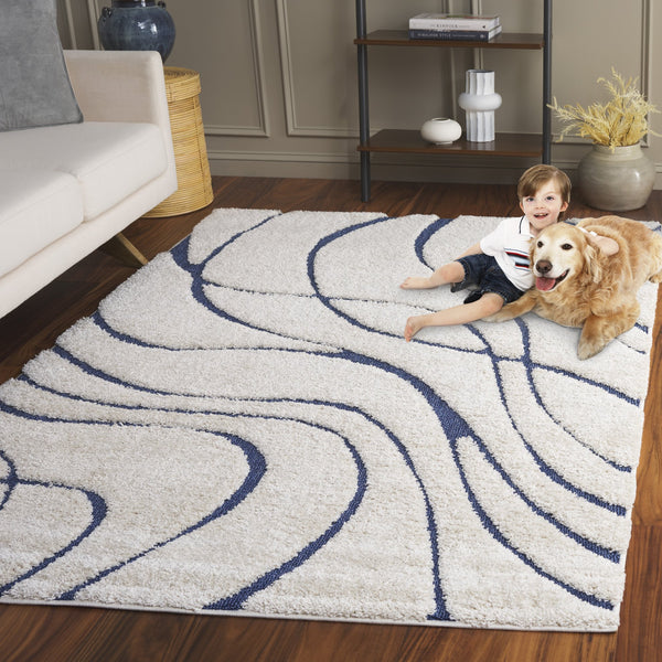 Safavieh Florida Plush Round Shag Rug – Abstract Flowing Lines, Deep Pile Comfort, Durable Power-Loomed Design 12'-0" x 12'-0" CREAM / BLUE SG471-1165-12R