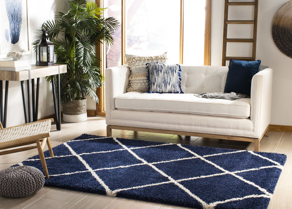 Safavieh Hudson Plush Round Shag Rug Navy And Ivory Diamond Trellis — Thick Power-Loomed Turkish Pile Cozy Underfoot 4'-0" x 4'-0" SGH281C-4R
