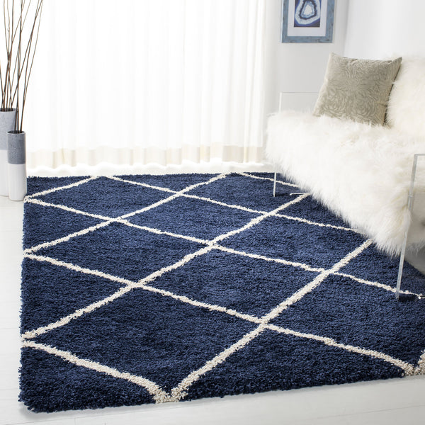 Safavieh Hudson Plush Round Shag Rug Navy And Ivory Diamond Trellis — Thick Power-Loomed Turkish Pile Cozy Underfoot 4'-0" x 4'-0" SGH281C-4R
