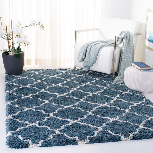 Safavieh Hudson Plush Slate Blue & Ivory Shag Rug With Flokati Pile, Trellis Design, Durable Polypropylene, Turkey-Made 4'-0" x 4'-0" SGH282L-4SQ