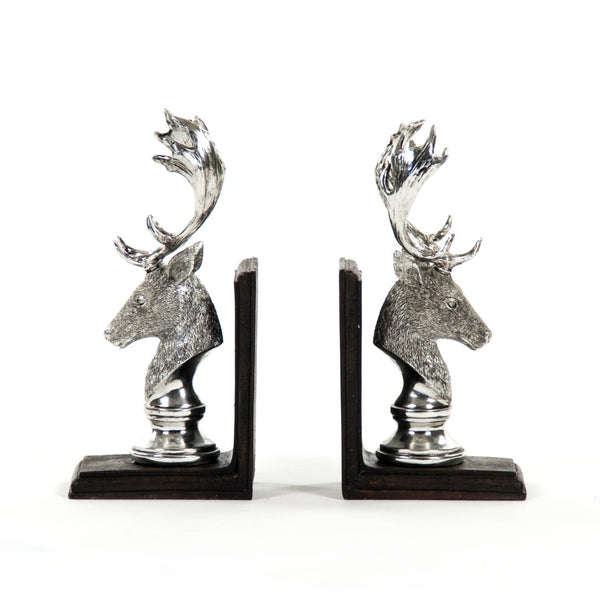 Zentique Deer Head Bookends - Elegantly Crafted Silver Accents For Stylish Bookshelves And Office Decor Electroplated Silver On Black Base Polyresin Shi026