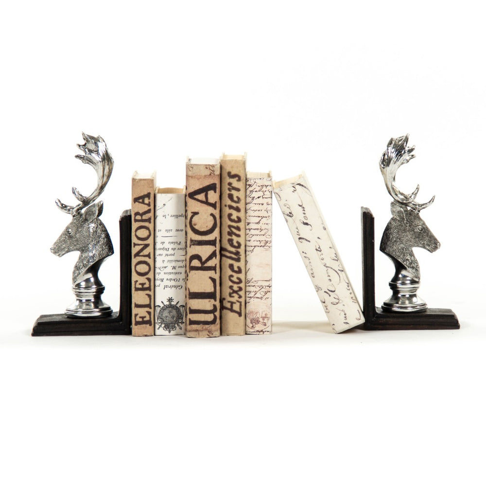 Zentique Deer Head Bookends - Elegantly Crafted Silver Accents For Stylish Bookshelves And Office Decor Electroplated Silver On Black Base Polyresin Shi026