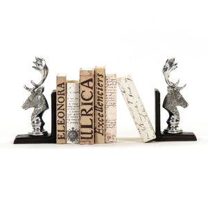 Zentique Deer Head Bookends - Elegantly Crafted Silver Accents For Stylish Bookshelves And Office Decor Electroplated Silver On Black Base Polyresin Shi026