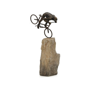 Mountain Biker on Rock Figurine Rustic Dark Bronze, Stone Lacquer SHI067 Zentique