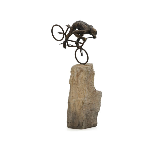 Mountain Biker on Rock Figurine Rustic Dark Bronze, Stone Lacquer SHI067 Zentique