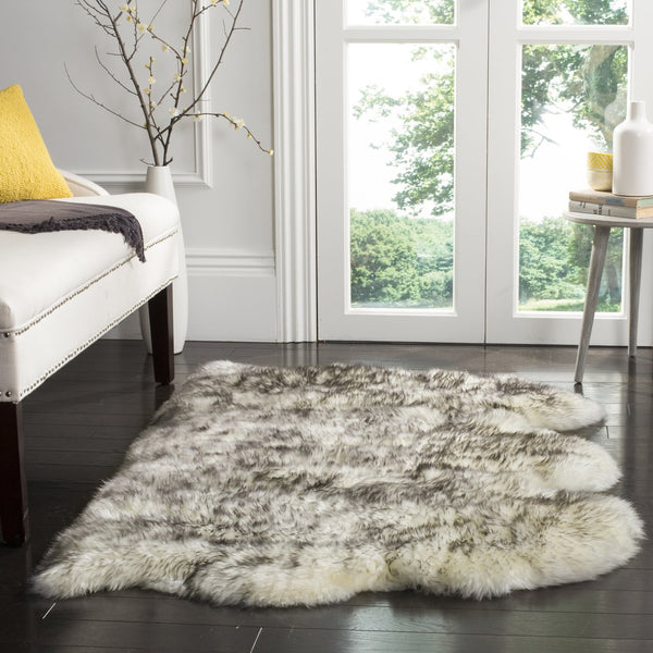 Safavieh Sheep Luxurious Ivory & Smoke Grey Tip Runner 2'X8'5" — Flokati Shag 3⅜" Pile, Natural Undyed Sheepskin SHS121E-29