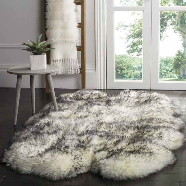 Safavieh Sheep Luxurious Ivory & Smoke Grey Tip Runner 2'X8'5" — Flokati Shag 3⅜" Pile, Natural Undyed Sheepskin SHS121E-29