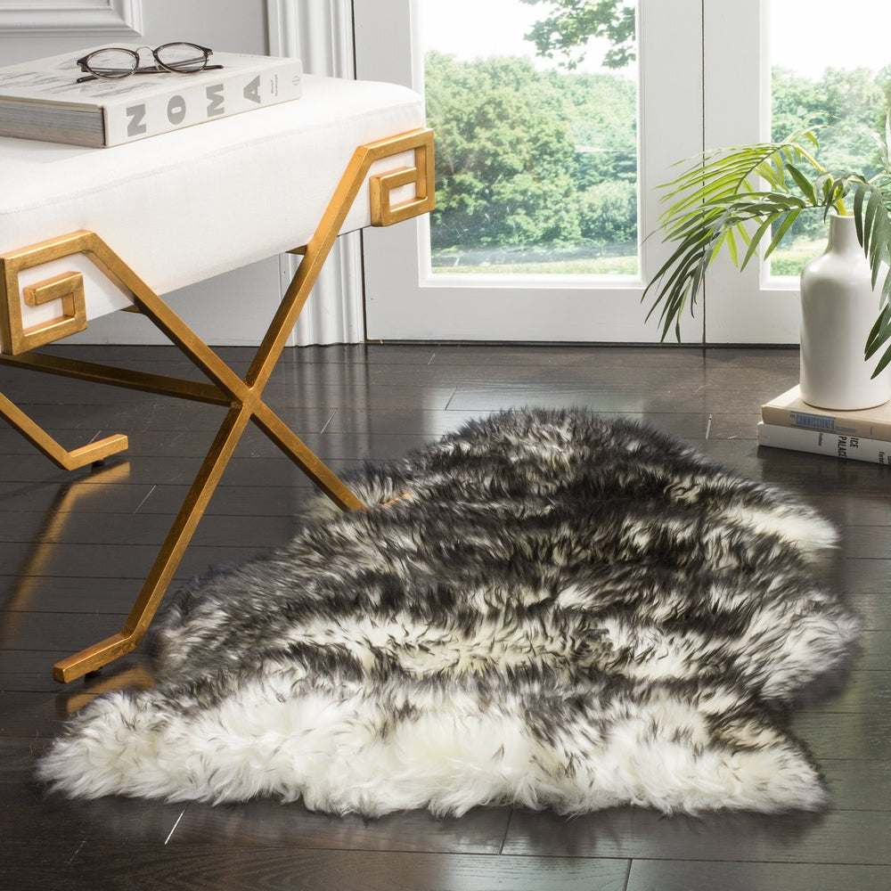 Safavieh Sheep Ivory & Dark Charcoal Runner 2X8ft5in Shag Flokati 3.375" Pile Handcrafted Natural Sheepskin Rug SHS121G-29