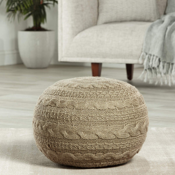 Jaipur Living Vibe by Jaipur Living Etta Knit Taupe Olive Round Pouf for Bohemian Spaces POF100550