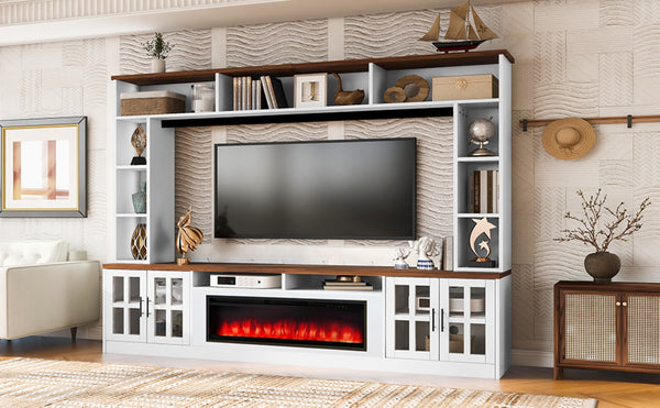 English Elm U-can Wall Entertainment Center with Electric Fireplace Bookshelf Storage for Living Room White+Walnut SJ000159AAK