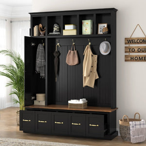 English Elm U-Can White MDF Entryway Hall Tree with Gold Hardware Bench Hooks and Drawer Storage Antique Black SJ000163AAB