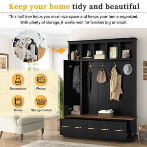 English Elm U-Can White MDF Entryway Hall Tree with Gold Hardware Bench Hooks and Drawer Storage Antique Black SJ000163AAB