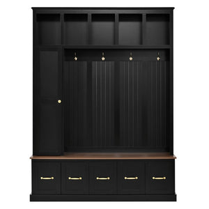 English Elm U-Can White MDF Entryway Hall Tree with Gold Hardware Bench Hooks and Drawer Storage Antique Black SJ000163AAB