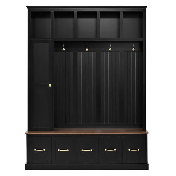 English Elm U-Can White MDF Entryway Hall Tree with Gold Hardware Bench Hooks and Drawer Storage Antique Black SJ000163AAB