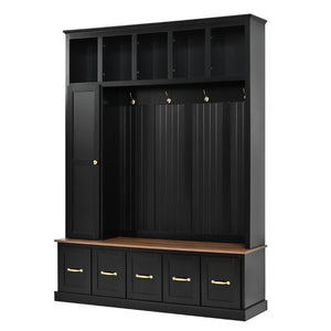 English Elm U-Can White MDF Entryway Hall Tree with Gold Hardware Bench Hooks and Drawer Storage Antique Black SJ000163AAB