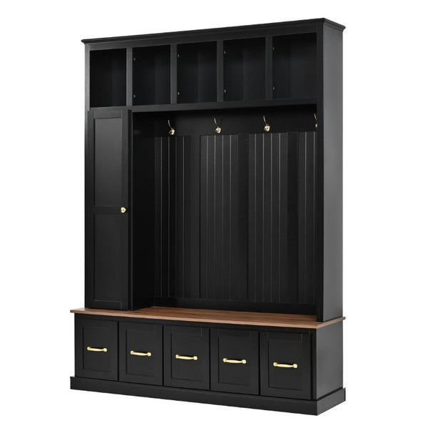 English Elm U-Can White MDF Entryway Hall Tree with Gold Hardware Bench Hooks and Drawer Storage Antique Black SJ000163AAB