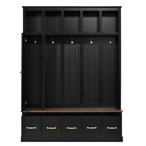 English Elm U-Can White MDF Entryway Hall Tree with Gold Hardware Bench Hooks and Drawer Storage Antique Black SJ000163AAB