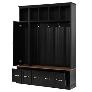 English Elm U-Can White MDF Entryway Hall Tree with Gold Hardware Bench Hooks and Drawer Storage Antique Black SJ000163AAB