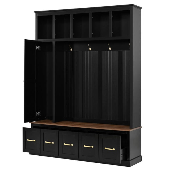 English Elm U-Can White MDF Entryway Hall Tree with Gold Hardware Bench Hooks and Drawer Storage Antique Black SJ000163AAB