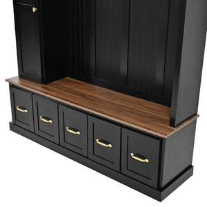 English Elm U-Can White MDF Entryway Hall Tree with Gold Hardware Bench Hooks and Drawer Storage Antique Black SJ000163AAB