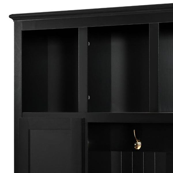 English Elm U-Can White MDF Entryway Hall Tree with Gold Hardware Bench Hooks and Drawer Storage Antique Black SJ000163AAB