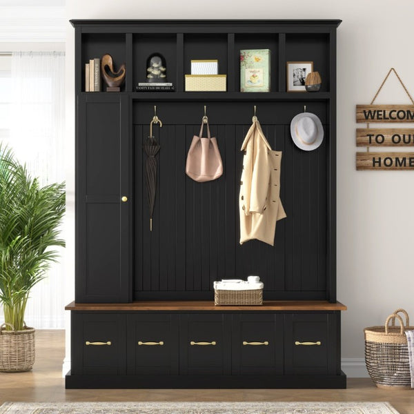 English Elm U-Can White MDF Entryway Hall Tree with Gold Hardware Bench Hooks and Drawer Storage Antique Black SJ000163AAB