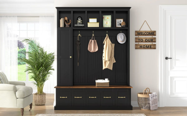 English Elm U-Can White MDF Entryway Hall Tree with Gold Hardware Bench Hooks and Drawer Storage Antique Black SJ000163AAB