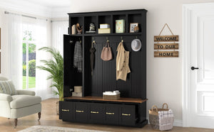 English Elm U-Can White MDF Entryway Hall Tree with Gold Hardware Bench Hooks and Drawer Storage Antique Black SJ000163AAB