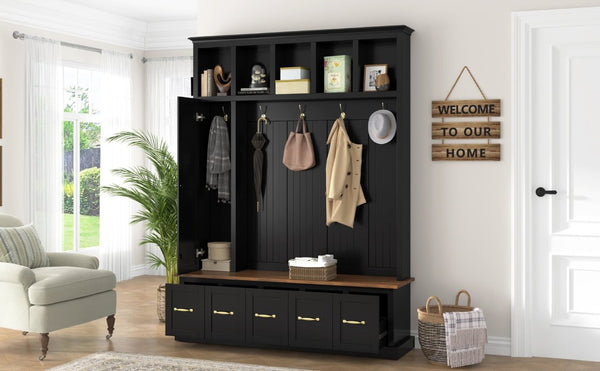English Elm U-Can White MDF Entryway Hall Tree with Gold Hardware Bench Hooks and Drawer Storage Antique Black SJ000163AAB