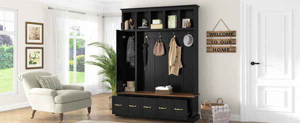English Elm U-Can White MDF Entryway Hall Tree with Gold Hardware Bench Hooks and Drawer Storage Antique Black SJ000163AAB